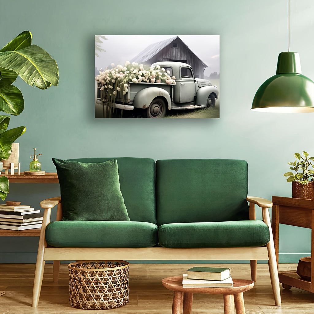 1pc Framed Rustic Canvas Print Poster, Sage Green Truck With Blush Petunias Canvas Wall Art, Artwork Wall Painting For Bathroom Bedroom Office Living Room Wall Decor, Home Decoration