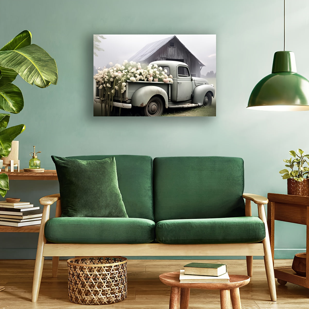 1pc Framed Rustic Canvas Print Poster, Sage Green Truck With Blush Petunias Canvas Wall Art, Artwork Wall Painting For Bathroom Bedroom Office Living Room Wall Decor, Home Decoration