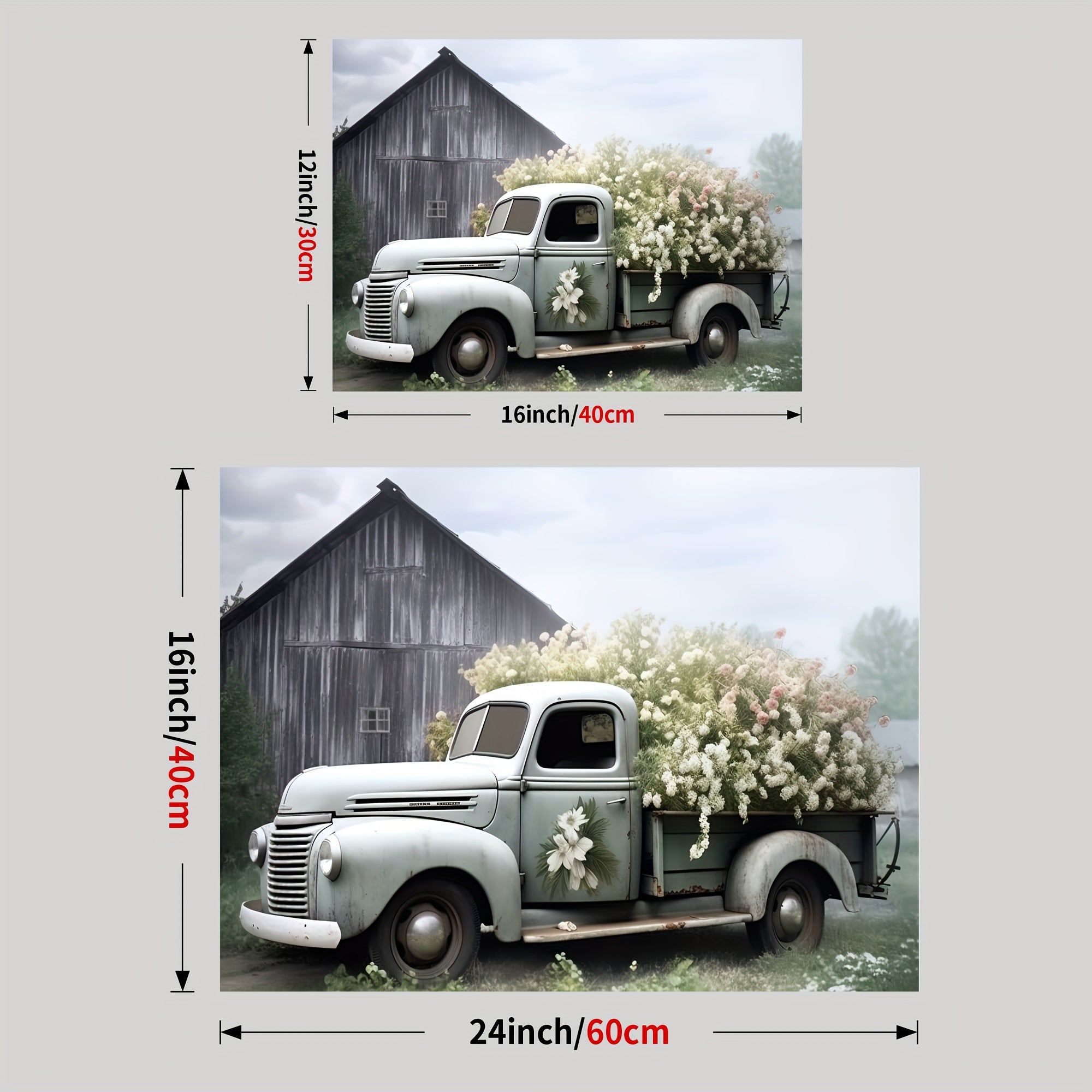 1pc Framed Rustic Canvas Print Poster, Sage Green Truck With Blush Petunias Canvas Wall Art, Artwork Wall Painting For Bathroom Bedroom Office Living Room Wall Decor, Home Decoration