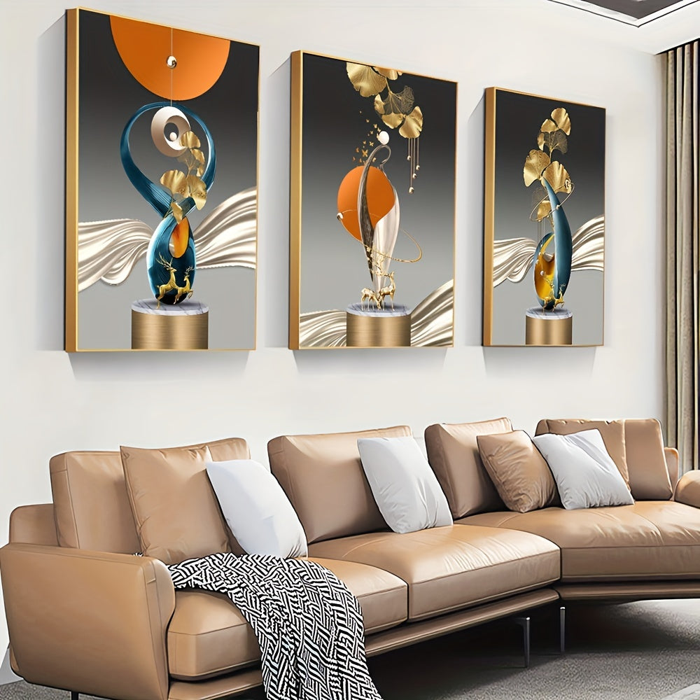 3pcs Geometry Art Canvas Print Posters, Golden Deer Ginkgo Leaf Canvas Wall Art Paintings, Artwork Wall Painting For Living Room Bedroom Bathroom Office Hallway Kitchen Wall Decors, No Frames