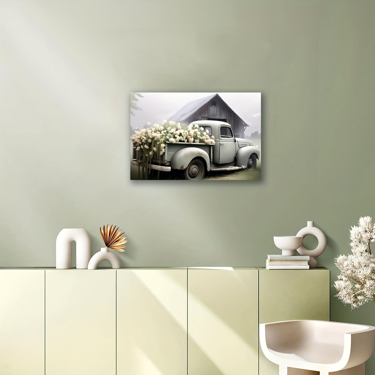 1pc Framed Rustic Canvas Print Poster, Sage Green Truck With Blush Petunias Canvas Wall Art, Artwork Wall Painting For Bathroom Bedroom Office Living Room Wall Decor, Home Decoration