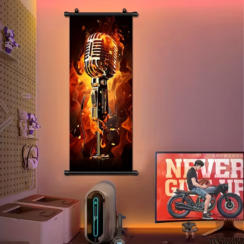 1pc Music Hanging Scrolls Painting, Flame Guitar Wall Art Poster, Artwork Wall Painting For Bathroom Bedroom Living Room Wall Decor, Home Decoration, Aesthetic Room Decor, 16inch * 39inch