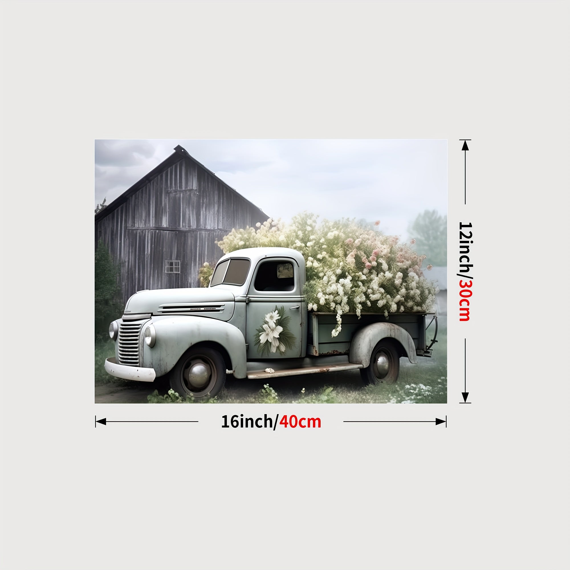 1pc Framed Rustic Canvas Print Poster, Sage Green Truck With Blush Petunias Canvas Wall Art, Artwork Wall Painting For Bathroom Bedroom Office Living Room Wall Decor, Home Decoration