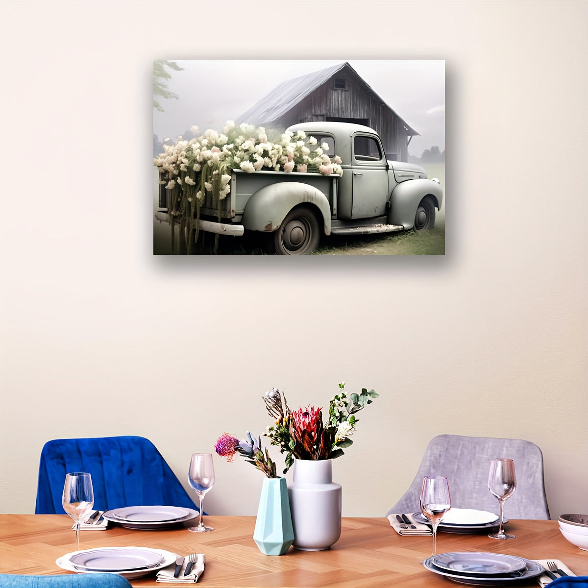 1pc Framed Rustic Canvas Print Poster, Sage Green Truck With Blush Petunias Canvas Wall Art, Artwork Wall Painting For Bathroom Bedroom Office Living Room Wall Decor, Home Decoration