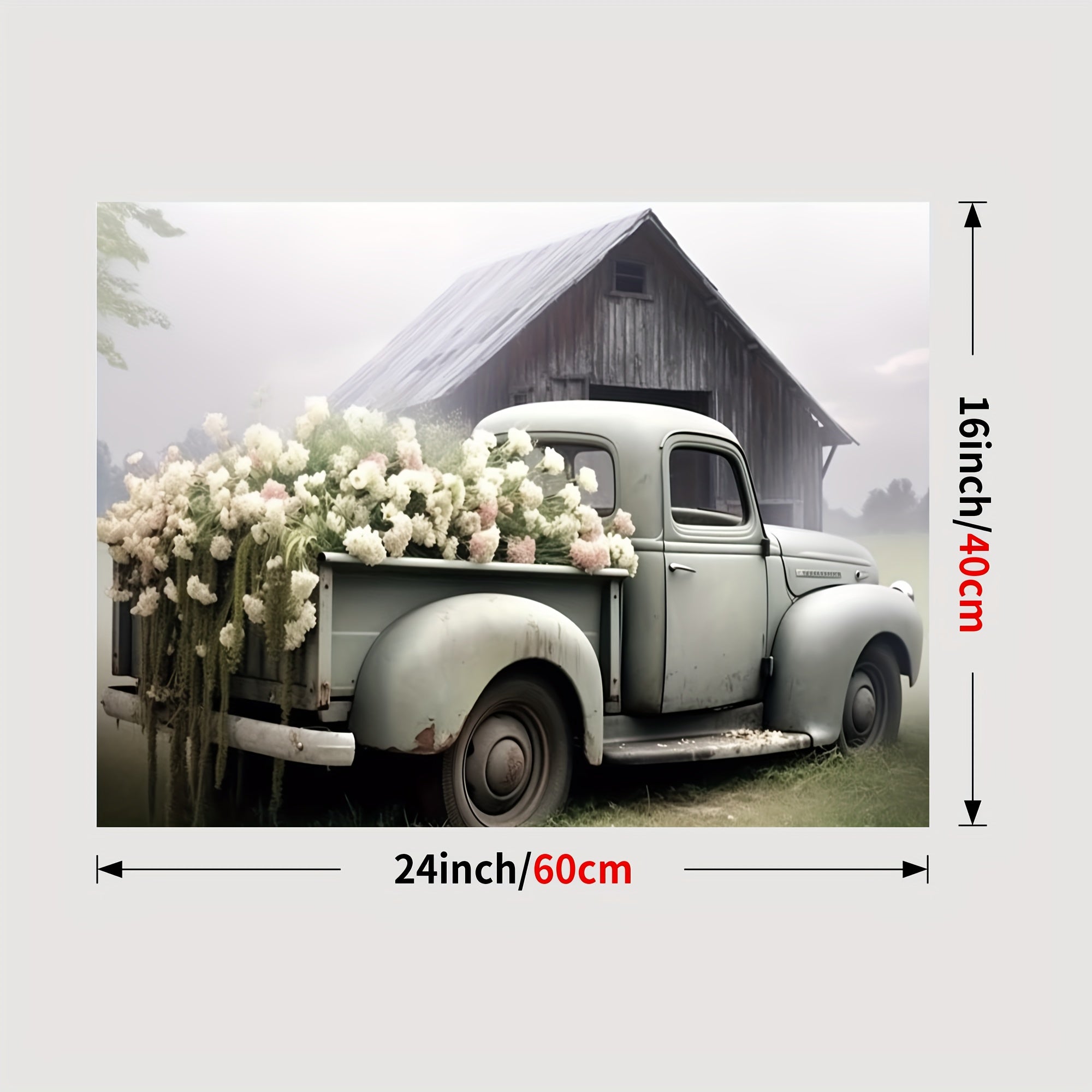 1pc Framed Rustic Canvas Print Poster, Sage Green Truck With Blush Petunias Canvas Wall Art, Artwork Wall Painting For Bathroom Bedroom Office Living Room Wall Decor, Home Decoration