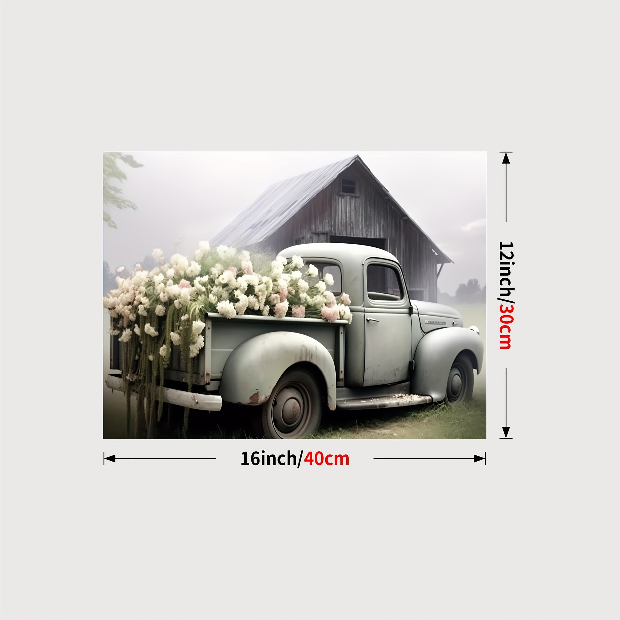 1pc Framed Rustic Canvas Print Poster, Sage Green Truck With Blush Petunias Canvas Wall Art, Artwork Wall Painting For Bathroom Bedroom Office Living Room Wall Decor, Home Decoration