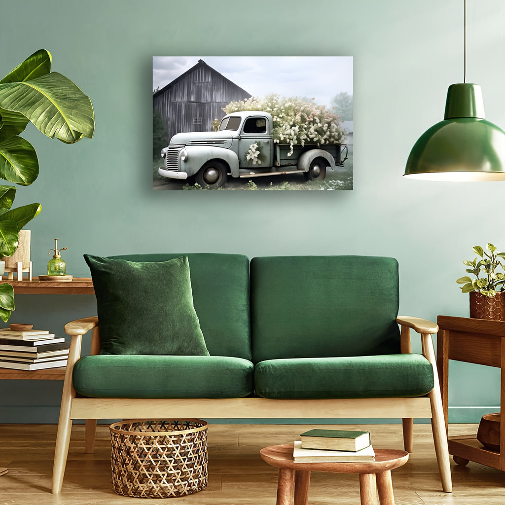 1pc Framed Rustic Canvas Print Poster, Sage Green Truck With Blush Petunias Canvas Wall Art, Artwork Wall Painting For Bathroom Bedroom Office Living Room Wall Decor, Home Decoration