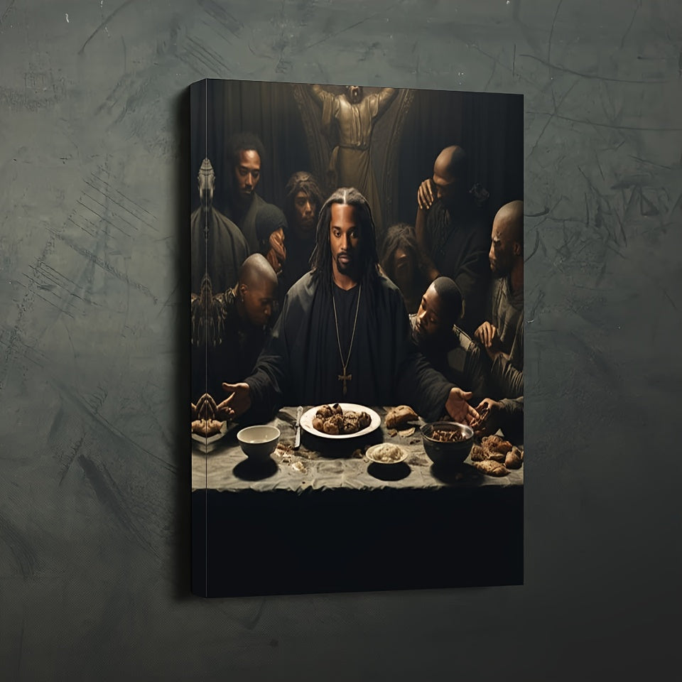 1 Piece Vibrant Wood Frame Canvas Painting - Black Jesus Artwork, Inspirational Wall Decor for Living Room and Bedroom, Heartfelt Holiday Gift for Her, Christian Faith-Themed Home Decoration, Last Supper Scene, Framed Print,