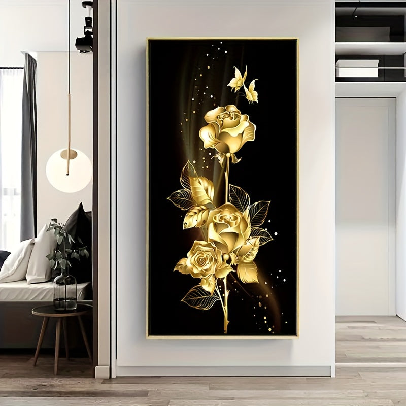 1pc Art Canvas Painting, Golden Leaves And Flowers Oil Painting On Canvas Wall Art, Artwork Wall Painting For Bathroom Bedroom Office Living Room Home Wall Decor, No Frame