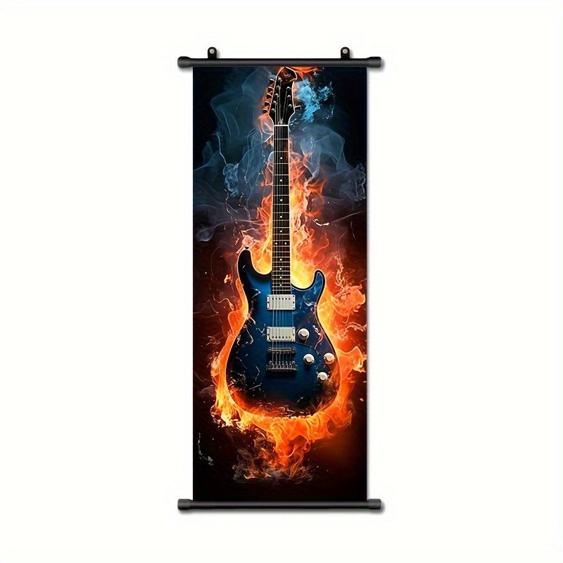 1pc Music Hanging Scrolls Painting, Flame Guitar Wall Art Poster, Artwork Wall Painting For Bathroom Bedroom Living Room Wall Decor, Home Decoration, Aesthetic Room Decor, 16inch * 39inch