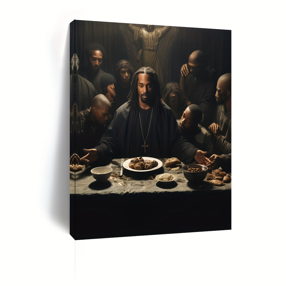 1 Piece Vibrant Wood Frame Canvas Painting - Black Jesus Artwork, Inspirational Wall Decor for Living Room and Bedroom, Heartfelt Holiday Gift for Her, Christian Faith-Themed Home Decoration, Last Supper Scene, Framed Print,