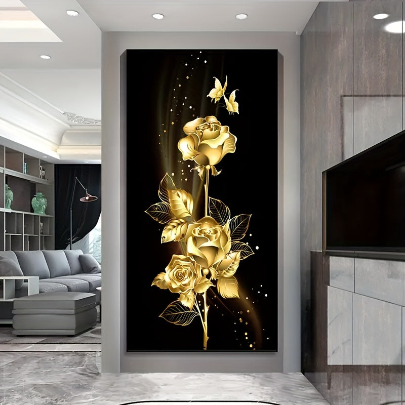 1pc Art Canvas Painting, Golden Leaves And Flowers Oil Painting On Canvas Wall Art, Artwork Wall Painting For Bathroom Bedroom Office Living Room Home Wall Decor, No Frame