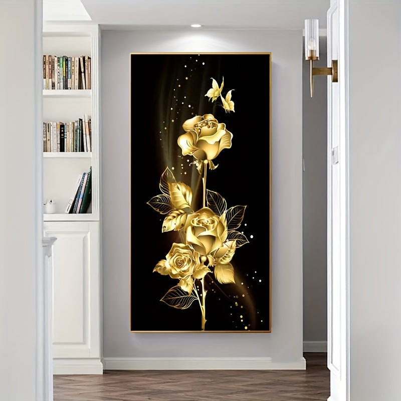 1pc Art Canvas Painting, Golden Leaves And Flowers Oil Painting On Canvas Wall Art, Artwork Wall Painting For Bathroom Bedroom Office Living Room Home Wall Decor, No Frame