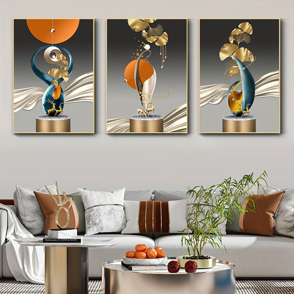 3pcs Geometry Art Canvas Print Posters, Golden Deer Ginkgo Leaf Canvas Wall Art Paintings, Artwork Wall Painting For Living Room Bedroom Bathroom Office Hallway Kitchen Wall Decors, No Frames