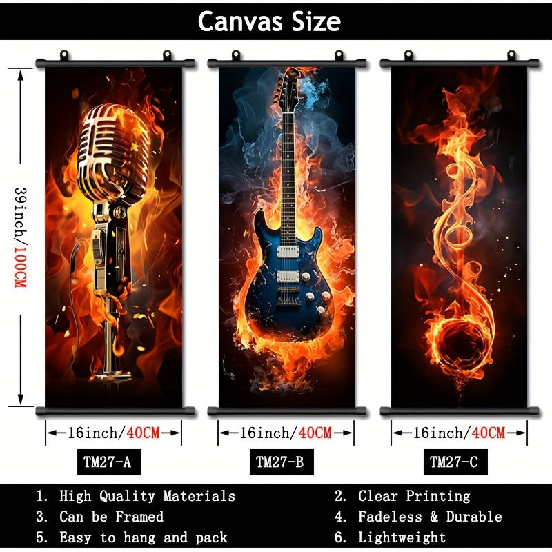 1pc Music Hanging Scrolls Painting, Flame Guitar Wall Art Poster, Artwork Wall Painting For Bathroom Bedroom Living Room Wall Decor, Home Decoration, Aesthetic Room Decor, 16inch * 39inch