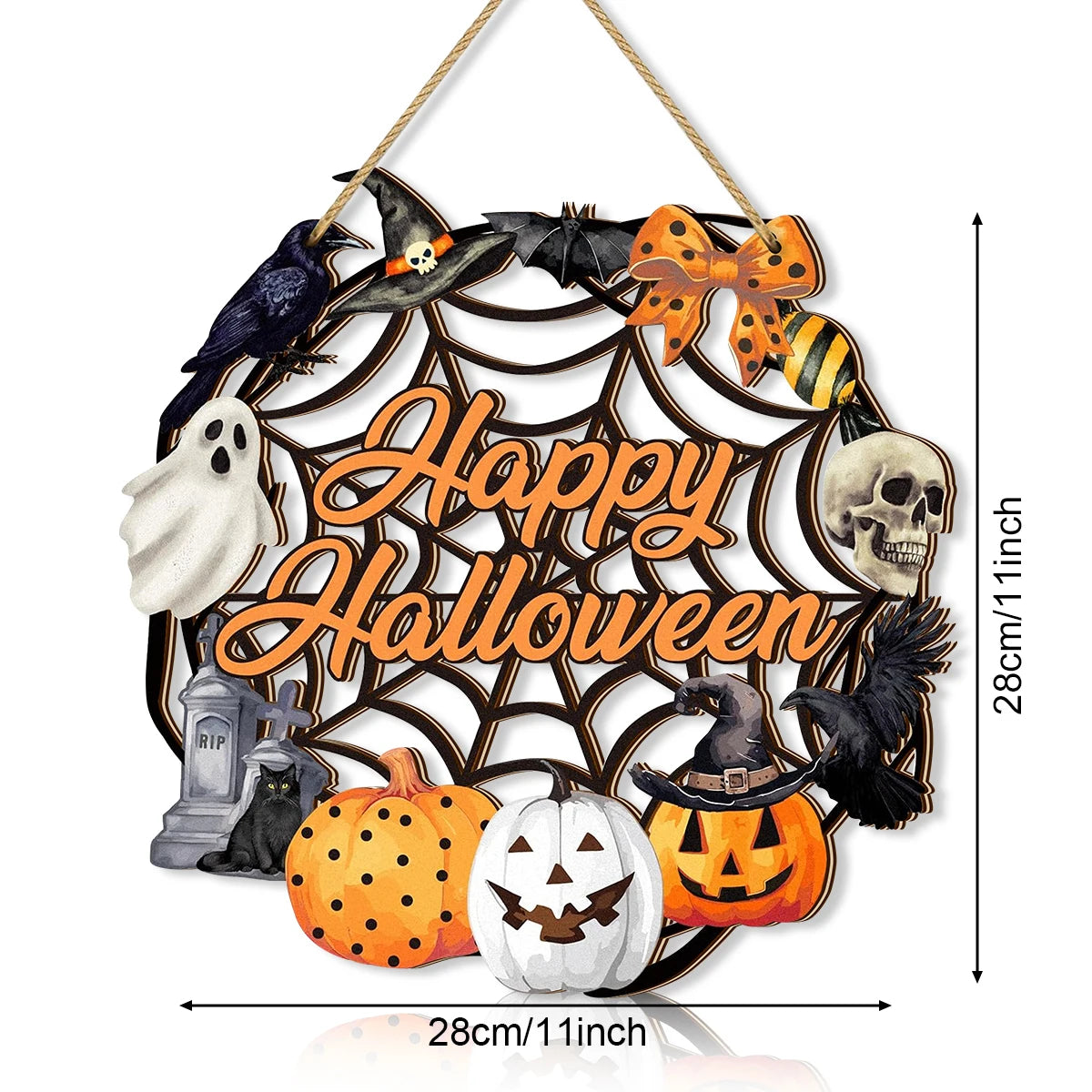 Spooky Halloween Wooden Wall Decor with "Happy Halloween" and Classic Symbols - Perfect for Seasonal Home Decoration