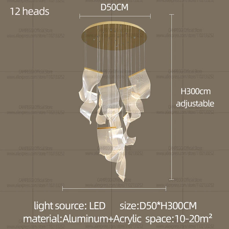 Light Guide LED Modern Chandelier Living Room Decor Lighting Duplex Rotating Stairs Pendant Lamp Dining Room Hanging Lights