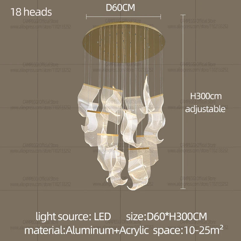 Light Guide LED Modern Chandelier Living Room Decor Lighting Duplex Rotating Stairs Pendant Lamp Dining Room Hanging Lights