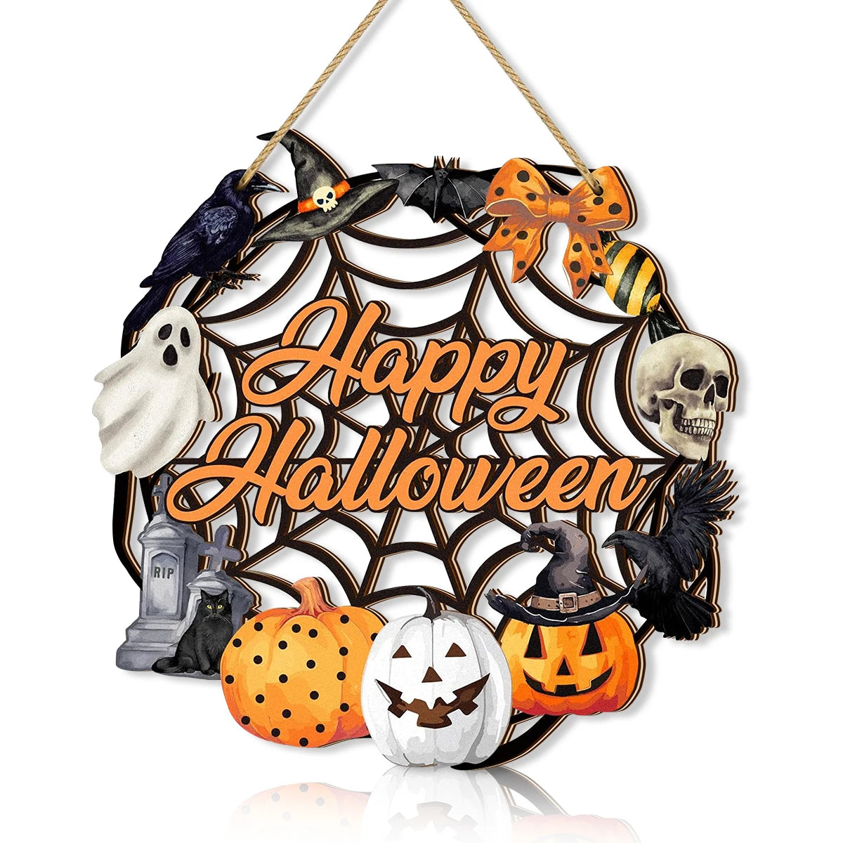 Spooky Halloween Wooden Wall Decor with "Happy Halloween" and Classic Symbols - Perfect for Seasonal Home Decoration