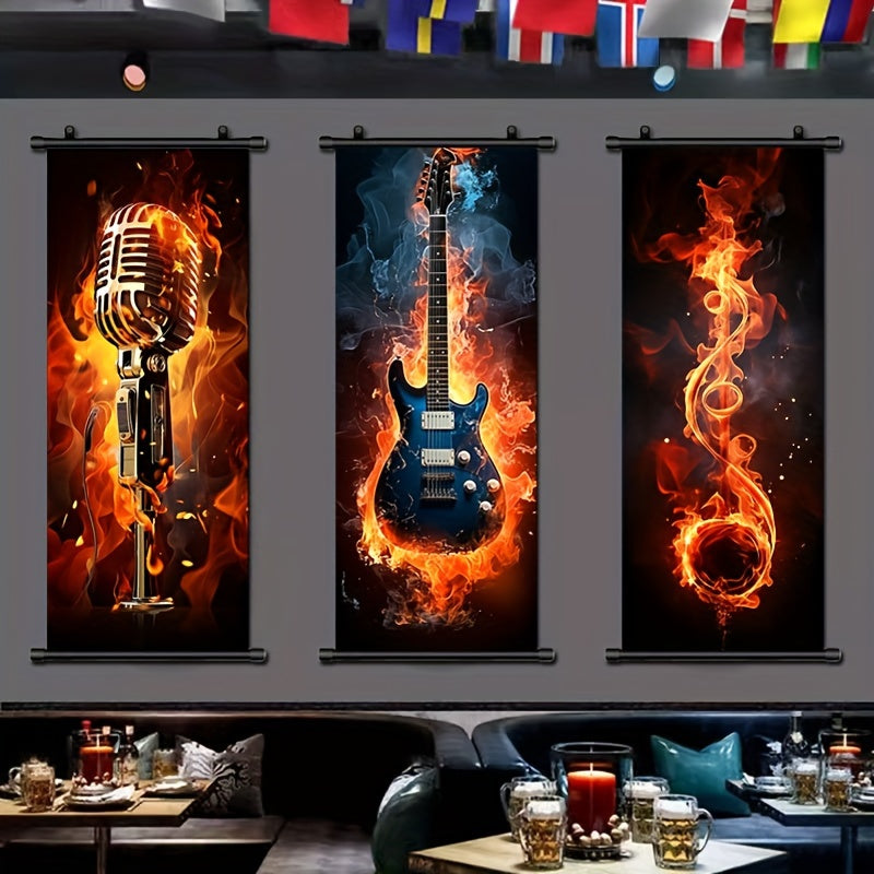 1pc Music Hanging Scrolls Painting, Flame Guitar Wall Art Poster, Artwork Wall Painting For Bathroom Bedroom Living Room Wall Decor, Home Decoration, Aesthetic Room Decor, 16inch * 39inch