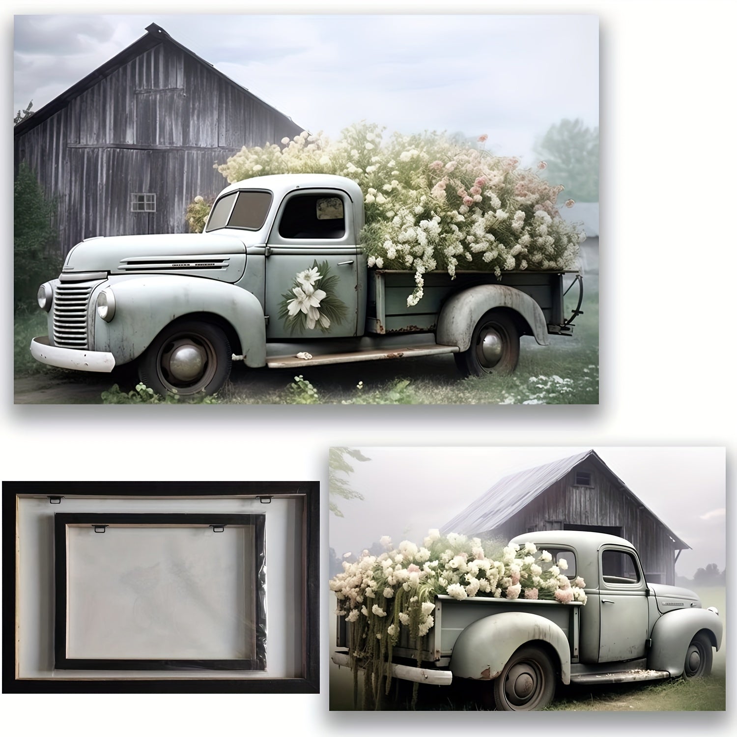 1pc Framed Rustic Canvas Print Poster, Sage Green Truck With Blush Petunias Canvas Wall Art, Artwork Wall Painting For Bathroom Bedroom Office Living Room Wall Decor, Home Decoration