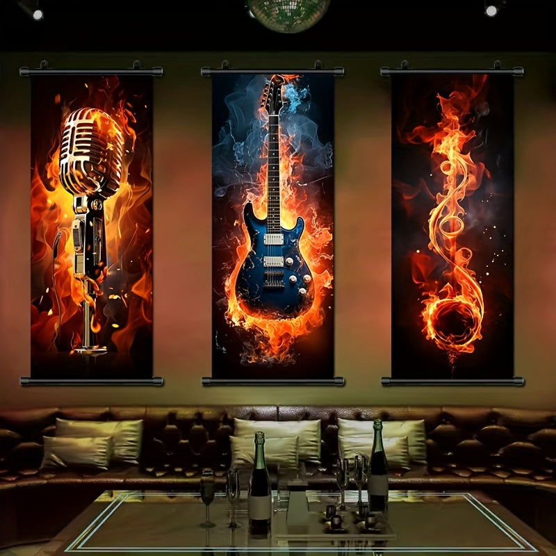 1pc Music Hanging Scrolls Painting, Flame Guitar Wall Art Poster, Artwork Wall Painting For Bathroom Bedroom Living Room Wall Decor, Home Decoration, Aesthetic Room Decor, 16inch * 39inch