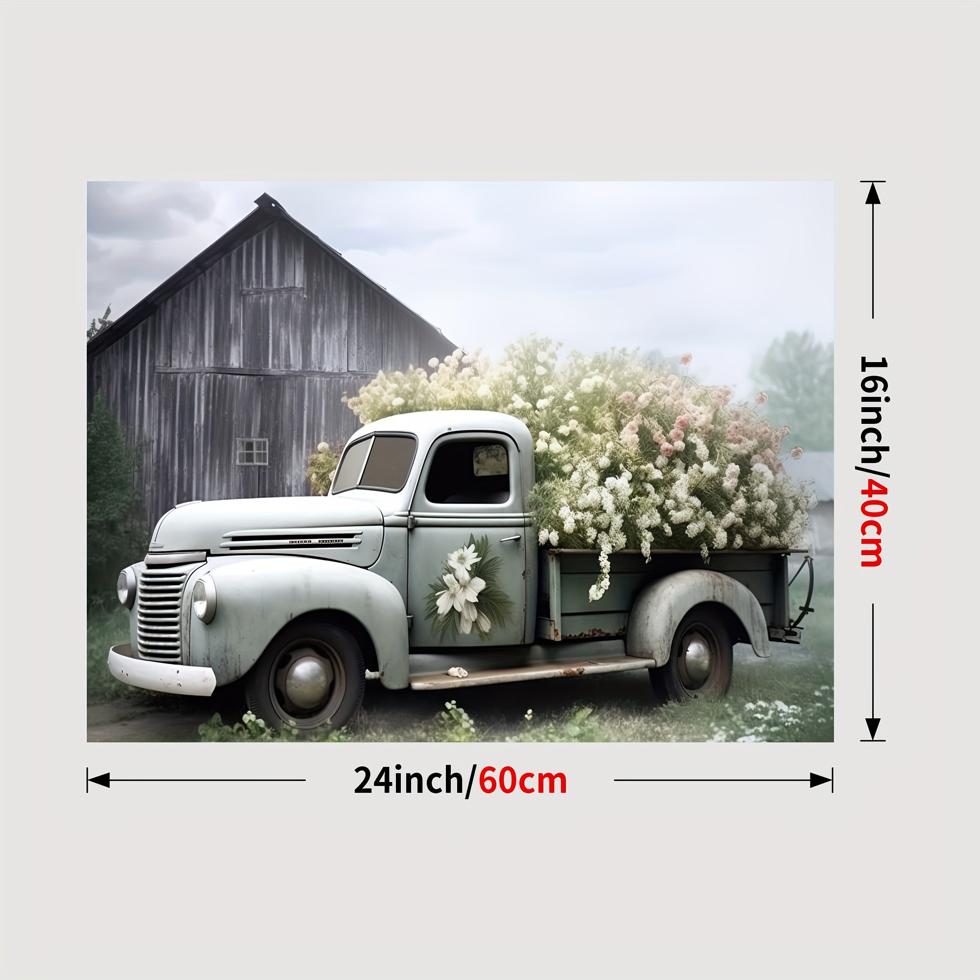 1pc Framed Rustic Canvas Print Poster, Sage Green Truck With Blush Petunias Canvas Wall Art, Artwork Wall Painting For Bathroom Bedroom Office Living Room Wall Decor, Home Decoration
