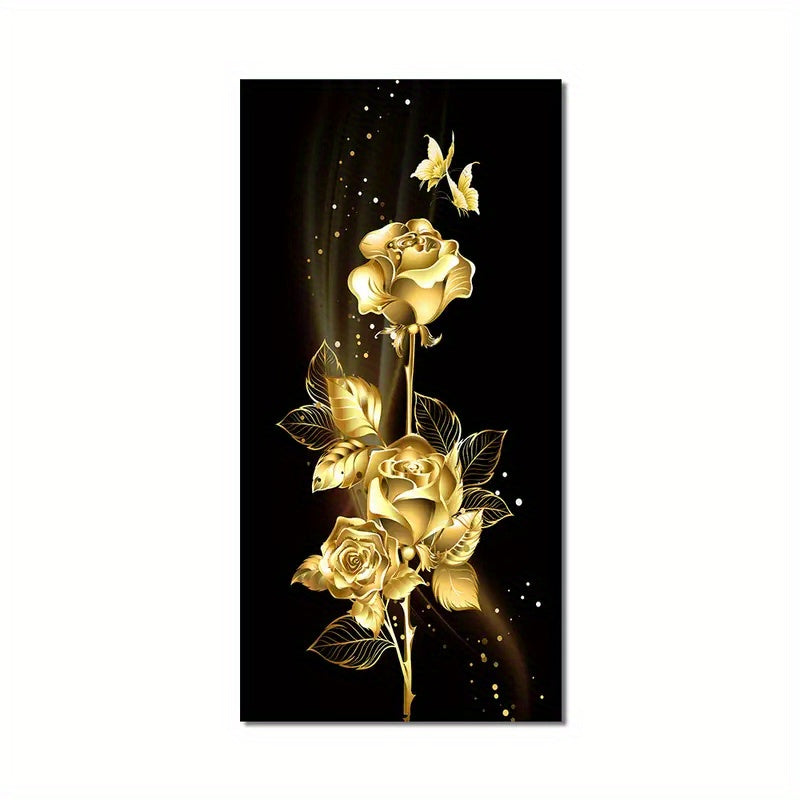 1pc Art Canvas Painting, Golden Leaves And Flowers Oil Painting On Canvas Wall Art, Artwork Wall Painting For Bathroom Bedroom Office Living Room Home Wall Decor, No Frame