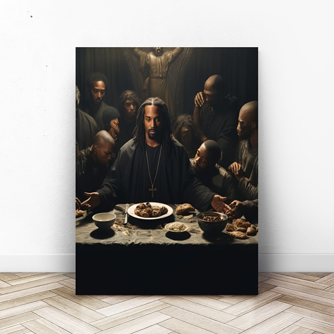1 Piece Vibrant Wood Frame Canvas Painting - Black Jesus Artwork, Inspirational Wall Decor for Living Room and Bedroom, Heartfelt Holiday Gift for Her, Christian Faith-Themed Home Decoration, Last Supper Scene, Framed Print,