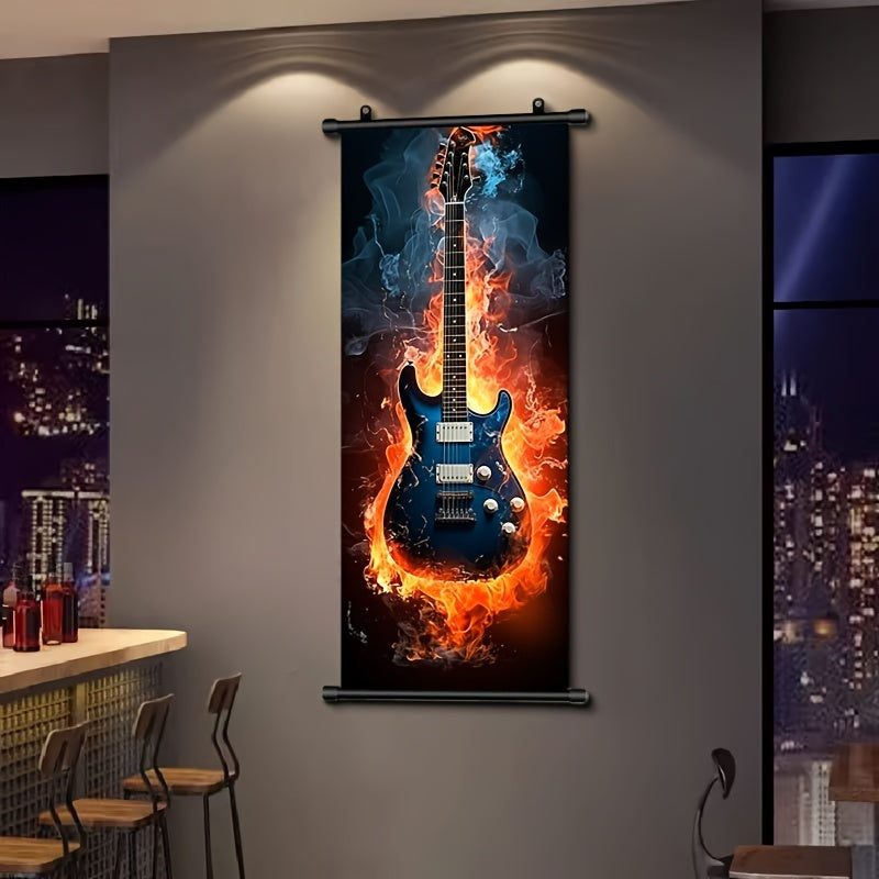 1pc Music Hanging Scrolls Painting, Flame Guitar Wall Art Poster, Artwork Wall Painting For Bathroom Bedroom Living Room Wall Decor, Home Decoration, Aesthetic Room Decor, 16inch * 39inch